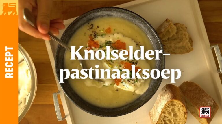 Knolselder-pastinaaksoep met citroenroom en zalmeitjes